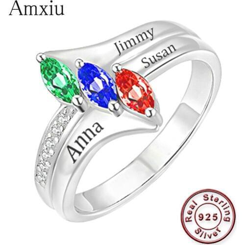 Amxiu Customize Three Names Rings 925 Silver Name Ring with Birthstones Large Zircon Rings For Women Mother Personalized Jewelry