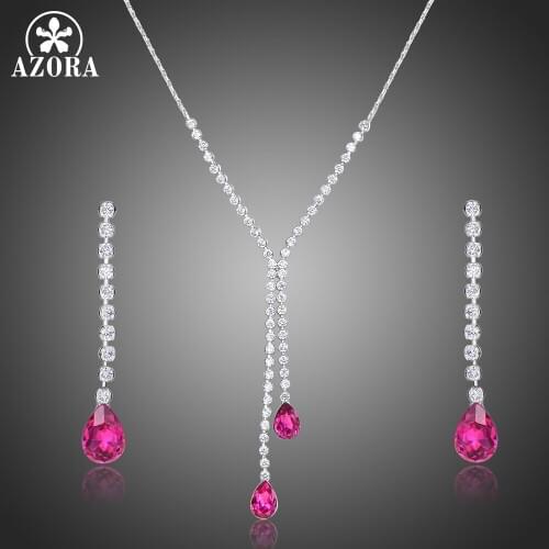 AZORA Trendy Women Pendant Necklace and Drop Earrings Jewelry Sparkling Red Austrian Crystals Jewelry Sets For Ladies TG0268