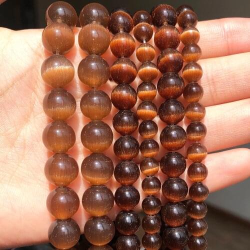 Deep Coffee Cat Eye Stone Beads Natural Round Loose Spacer Glass Moonstone Beads for Jewelry Making DIY Bracelet Necklace 4-10mm