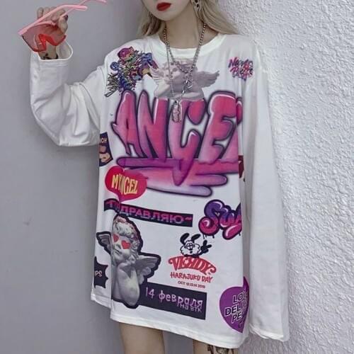 Russian letter large size tees casual vintage punk Harajuku Vintage female Loog-sleeved loose Goth Women T-shirt kpop Aesthetic