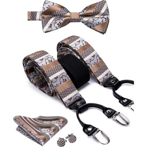 Hi-Tie Luxury Adult Mens Braces Bow tie and Suspender Leather Metal 6 Clips Braces Vintage Mens Fashion Wedding Suspenders Men
