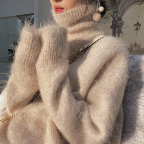 JSXDHK New Women Turtleneck Mohair Pullovers High Quality Autumn Winter Mik Cashmere Thick Warm Knitting Loose Sweater Jumper