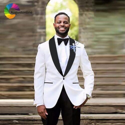 Tailored White Groom Tuxedo Men Suits for Wedding Black Shawl Lapel Slim Fit Best Man Blazer Jacket 2Piece Pants Terno Masculino