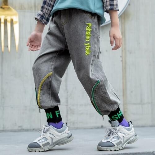 Cool Kids Jeans Boys Children Pants Double zipper Letter Embroidery Denim Harem Pants 4 5 6 7 8 9 10 11 12 13 Years Boys Clothes