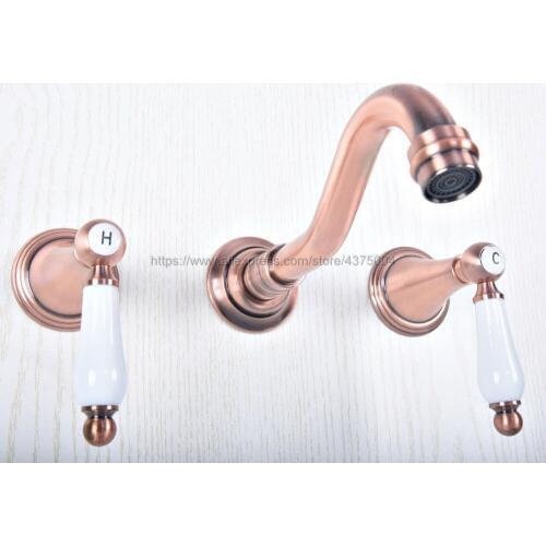 Bathroom Brass Dual Ceramic Handles Basin Sink Faucet Wall Mount Bathroom Mixer Tap Antique Red Copper Nsf507