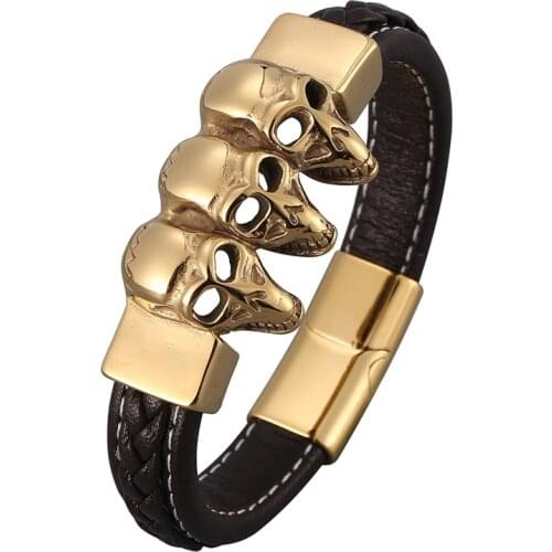 Brown Leather Skull Bracelet Men Charm Gold Stainless Steel Magnetic Buckle Punk Rock Bangles Party Jewelry Accessories SP0830