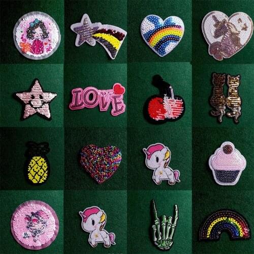 Unicorn Patches For Clothing Cartoon Heart Stickers Rainbow Patch Sequin Patches Iron On Applique For Kids Girl Clothing T-shirt