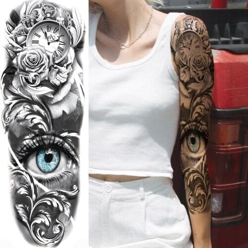 Realistic Eye Compass Temporary Tattoos For Men Women Body Art Full Arm Sleeve Clock Flower Tatoo Waterproof Fake Tattoo Sticker