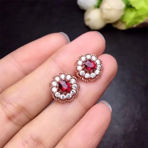 Oval Red Zircon Flower Earrings Luxury Crystal Full Stone Stud Earrings Vintage Fashion Rose Gold Engagement Earrings For Women