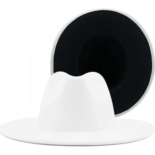 Outer white Simple Inner black Wool Felt Jazz Fedora Hats with Thin Belt Buckle Men Women Wide Brim Panama Trilby Cap 56-58-60CM