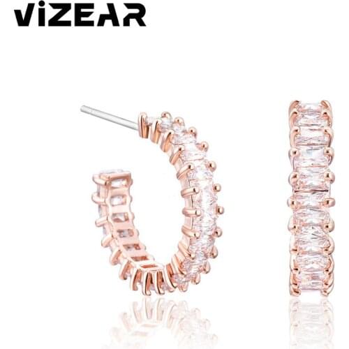 Shine CZ Earrings for Women Accessories Rose Gold Jewelry Romantic Boho C Shape Stud Earrings Female Gift Piercing Brincos 2021