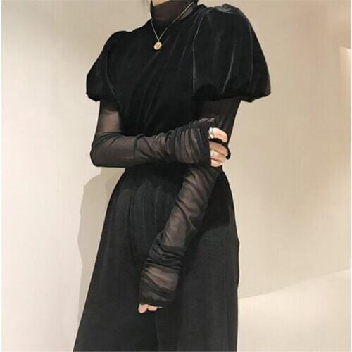 Vintage Turtleneck Women T Shirt Fashion Puff Sleeve Female Suit Tops Tee Shirts Casual Slim Long Sleeve Black Hollow Out Tshirt