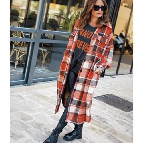 Autumn Vintage Plaid Shirts Women Long Jackets Coats Buttons Pockets Female Jackets Streetwear Ladies Spring Coats Oversize