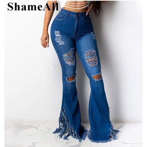 Plus Size Ripped Holes Tassels Flare Jeans Mom 3XL Vintage Streetwear Y2k Baggy Wide Leg Indie Aesthetic Denim Bell Bottoms Fall