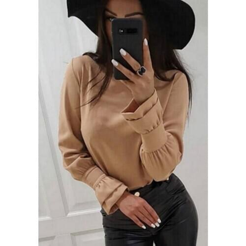 Women Fashion Office Lady Top Autumn Casual Pullover Top Solid Color Long Sleeve Blouse