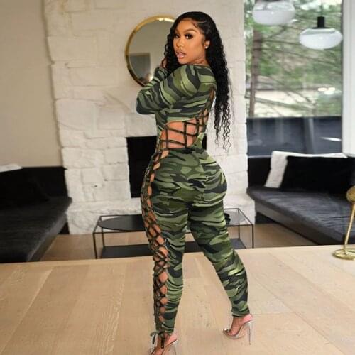 Sexy Skinny Hollow Out Camouflage Long Sleeve Plus Jumpsuit Women Low Cut Pencil Pants Rompers 2021 Fall Nightclub Streetwear