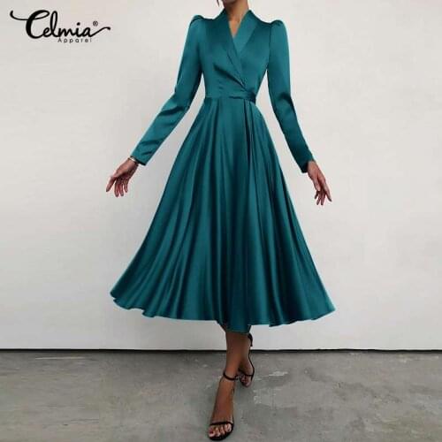 Women Elegant Satin Dress 2021 Celmia Fashion High Waist Suit Collar Puff Long Sleeve Party Sundress Casual Solid Office Vestido
