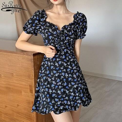 Vintage Chiffon Blue Print Floral Slash Collar Dress 2021 Summer Mini Dress for Women Sweet Sexy Puff Sleeve Dress Vestido 14586
