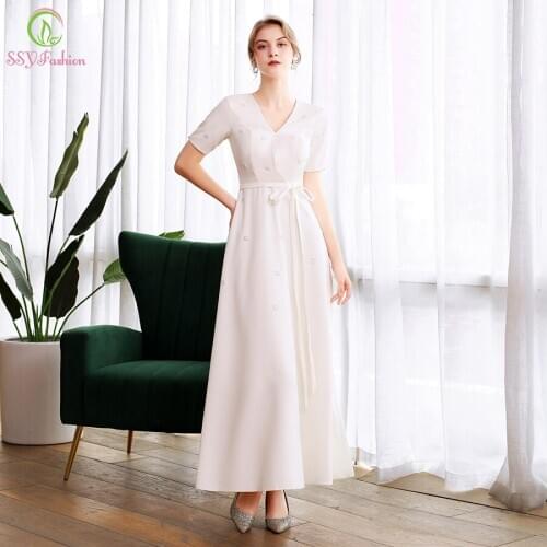SSYFashion New White Evening Dress Banquet Elegant Short Sleeve V-neck Pearls Beading Party Formal Gown Vestidos De Noche