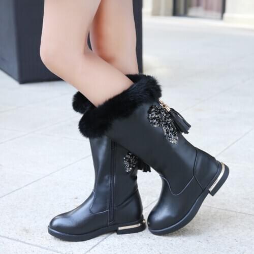 Winter Girls High Boots Students Velvet Princess Leather Boots Crystal Chain Big Kids Warm Shoes Children Snow Boots