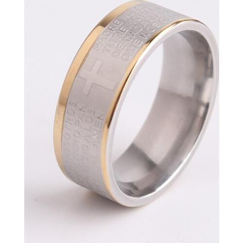 8mm Carving Bible Cross Double gold color side 316L Stainless Steel finger rings for men wholesale