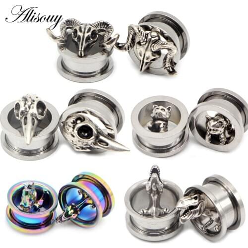 Alisouy 2pcs Ear Gauges Expander Stainless Steel Bird Sheep Dinosaur Earrings Plugs Tunnels Screw Fashion Piercing Body Jewelry