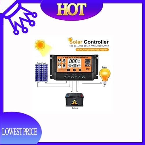 10A/20A/30A/40A/50A/100A Auto Solar Charge Controller LCD Dual USB Solar Panel Regulator Dual USB Voltage Charger 12V24V Power