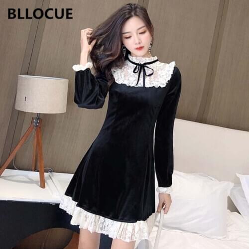 BLLOCUE 2020 Spring New Lace Stitching Velvet Vintage Dress Women Elegant long Sleeve Cute Sweet Teenage Girl Slim Dress