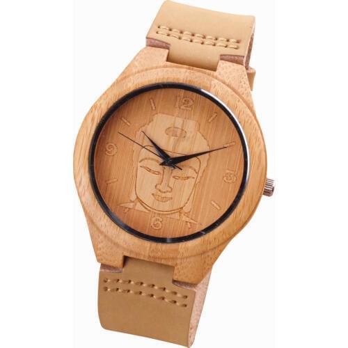 2018 Bamboo Wood Watch Minimalist Buddha Genuine Leather Band Strap Nature Wood Bangle Wristwatch Unisex Reloj Hombre Clock