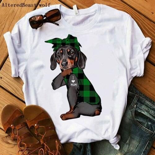 Dachshund I Love Mom T-shirt Women Summer Harajuku Mama mom T-shirt Plaid Bandana Female 2021 Dog Short Sleeve Tshirt Clothes