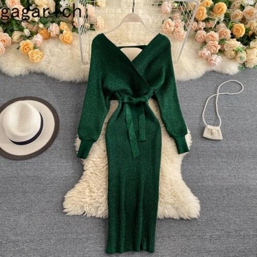 Gagarich Bright Silk Knitted Dress Women Autumn Winter Fashion Bat Sleeve Temperament V-neck Waistband Thin Sexy Bodycon Vestido