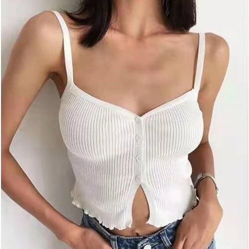 2021 Summer New Solid Color Sexy V-Neck Short Buttoned Cardigan Slim And Thin Knitted Camisole Women