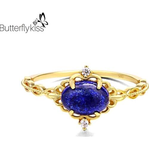 BK Vintage 925 Genuine Silver Rings For Women Lapis Lazuli Gem Egg Shape Fashion Wedding Engagement Fine Jewelry Zircon