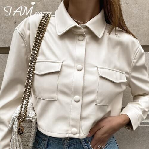 Button-up Fashion Leather Jacket Women White Black Punk Korean Syle Pockets Outweat Coat Female Autumn 2021Quilted Lady Iamhotty