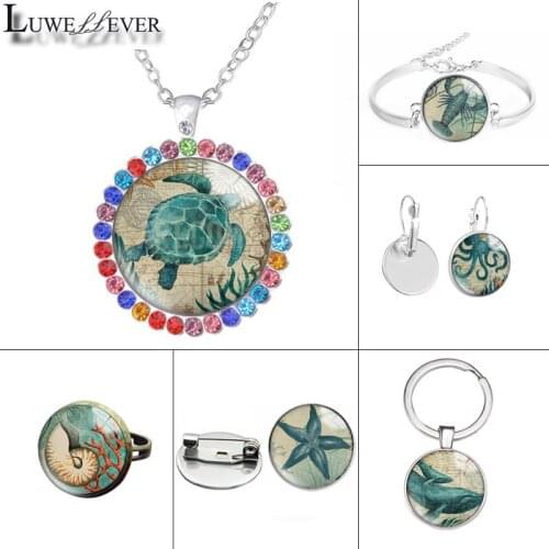 New 592 Ocean Glass Necklace Bracelet 30mm 25mm Double Sided Round Glass Cabochon Jewelry For Unisex Charm Pendant