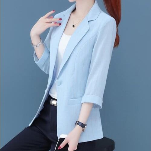 Fashion Women Striped Short Blazers And Jackets Seven Sleeve Outerwear Elegant Ladies Coats Work Wear Pink Sky Plus Size 3xl