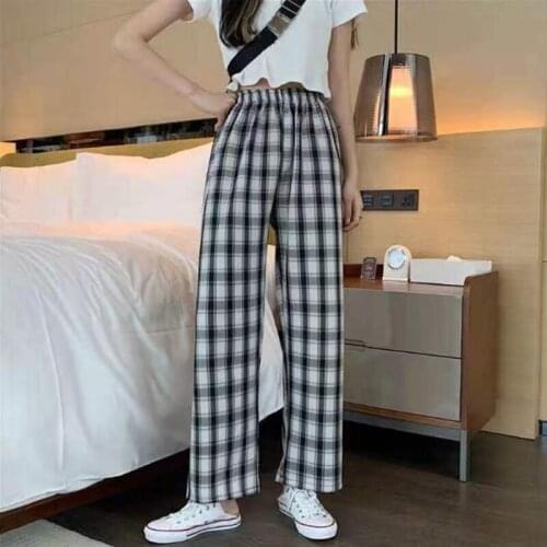 2021 New Womens Summer High Waist Plaid Pants Slim Straight Wide Leg Loose Drape Casual Mopping Fashion Trousers One Size Top