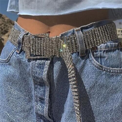 Hot Fashion Wild Belts for Women 8 or 10 Rows Full Rhinestone Shiny Waistband Casual Party Dress Belt Chain Solid White