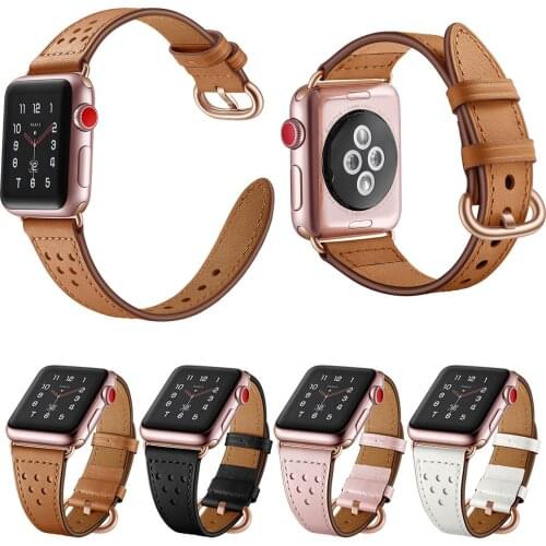 Genuine Leather Strap For Apple Watch Band 5/4/3/2/1 44mm 40mm iWatch 42mm 38mm Slim Bracelet Rose Gold Buckle Watchbands Belt