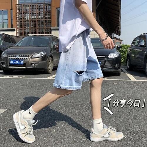 Ripped Denim Shorts Mens Loose Straight Wide-leg Pants Printed Gradient Pants Trend Casual Five-point Hiphop Streetwear Jeans