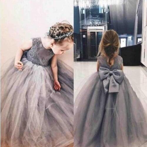 Robe mariage fille Gray Flower Girls Dress Cute Bow Long Pageant Dress Kids Party Dress First Communion Dresses For Girls