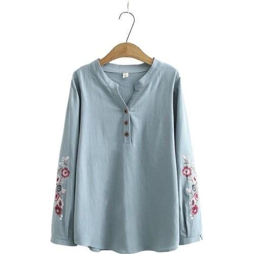 Plus Size XL-4XL Floral Embroidery Tops Long Sleeved A-line Blouse Cotton&Linen Vintage Blusas