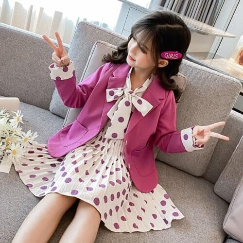 Girls Spring Autumn Suits New Korean Fashion Small Suit +Bow Dot Dress Big Childrens Fashionable Two-Piece Suit 4 5 7 9 11 13 Y
