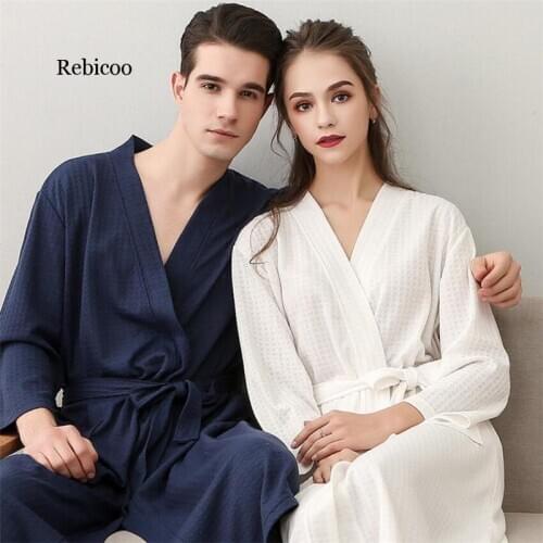 Spring Summer Hydrophilic Fiber Thin Nightgowns Unisex Sleepwear Couple Bathrobe with Waistband for Men Women