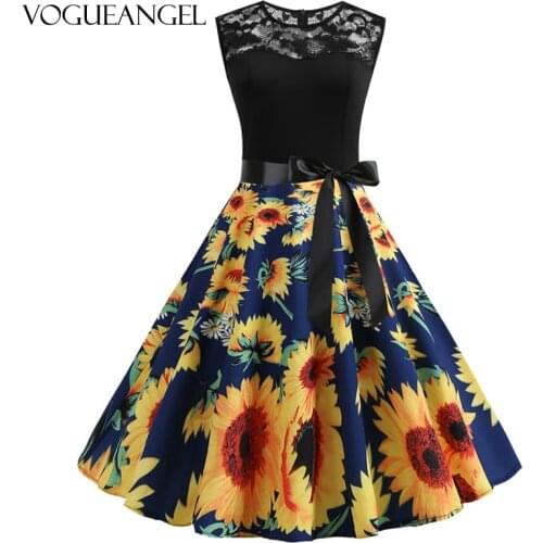 VogueAngel Sexy Round Neck Sweetheart Lace Women Vintage Dress Swing Floral Print Evening Party Rockabilly Retro Dress Vestidos