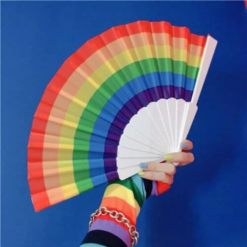 Japan and South Korea ins girl rainbow summer color collision carnival cool fan student Harajuku style concave shape folding fan