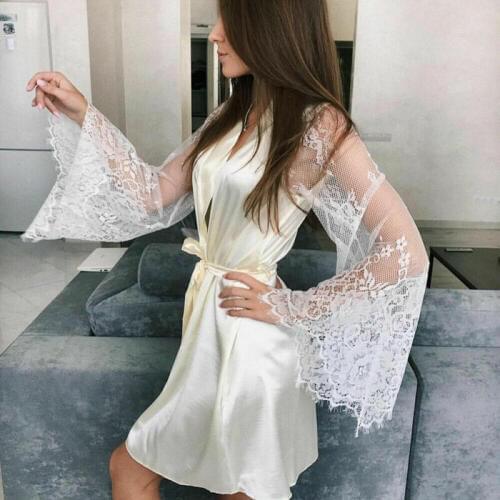 Plus Size Womens Sexy Sleepwear V-neck Bandage Lace Sleeve Dress Ladies Long Bathrobe Night Gown Robe M-3XL