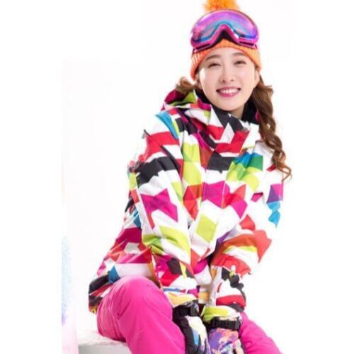 Women’s Colorful Curves Ski Jacket Waterproof Breathable Ladies Geometric Pattern Snowboard Sportswear Skiwear Female Snow Coat