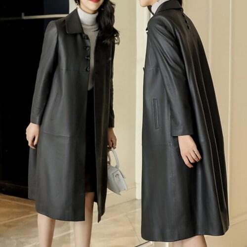 Black Jacket Leather Tops Womens Brand Fashion Leisure Loose Sheepskin Coat Spring Autumn Plus Size Long Genuine Leather Trench