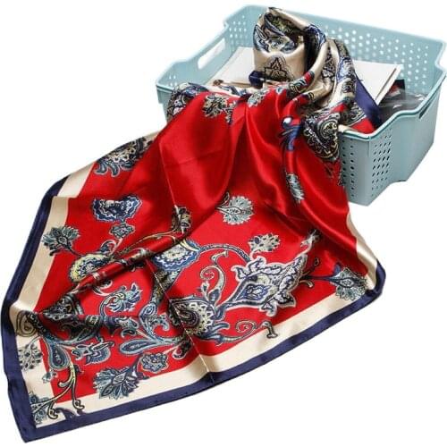 Womens Fashion Red Paisley Print Scarf Imitate Silk Satin Square Head Shawl Hijab Wraps Boho Style Headscarf 35"*35"
